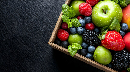Fresh fruit box, summer berries, healthy food, dark background, recipe inspiration