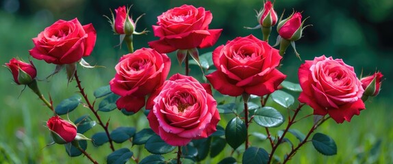 Vibrant Red Roses in Full Bloom Against Lush Green Grass in Summer Garden Perfect for Nature and Gardening Art Design Background