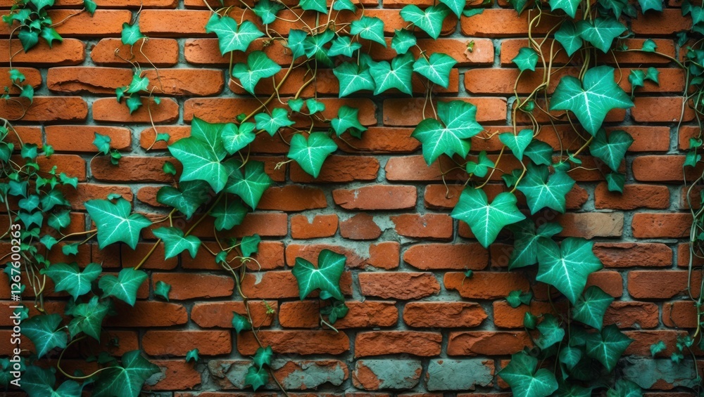 Poster ivy-covered brick wall with detailed texture creating a natural and rustic background for design and