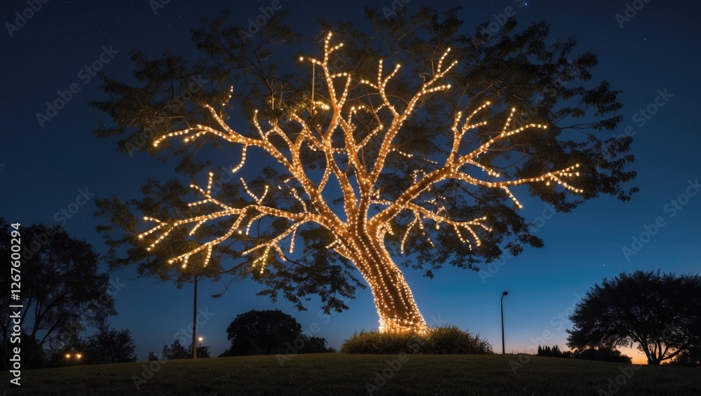 Poster illuminated tree with twinkling lights at dusk and open space for text or branding