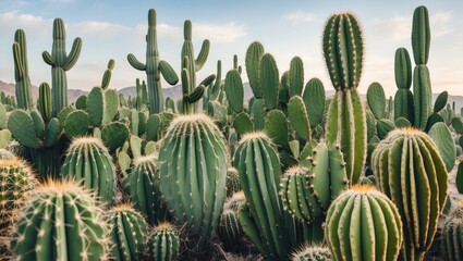 Vast desert landscape filled with large, vibrant green cacti under a clear blue sky showcasing diverse cactus species in their natural habitat.