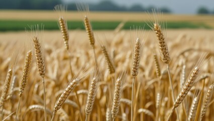 Fototapeta premium Ripe barley field close-up showcasing golden grains ready for harvest under a clear sky in a picturesque agricultural landscape.