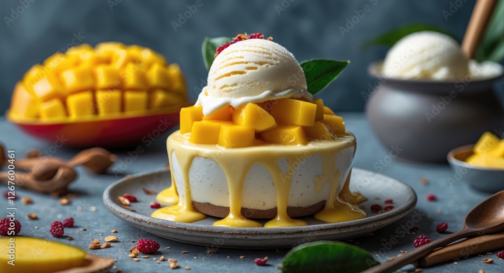 Aufkleber mango dessert with ice cream and fresh mango cubes on plate with copy space for text in a vibrant se