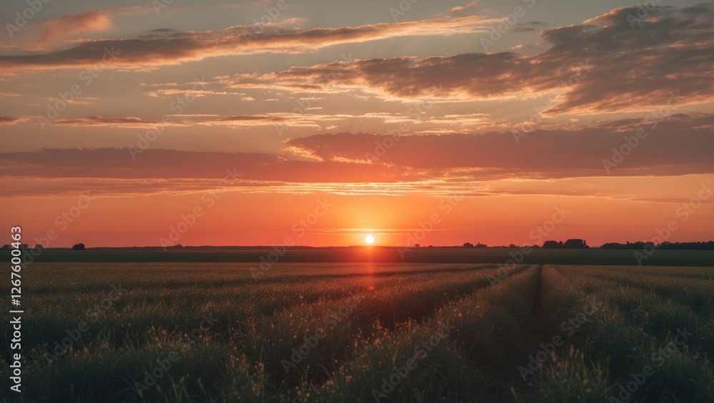Poster tranquil sunset illuminating a field with clear copy space for messages and creative text usage