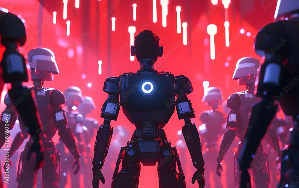 Poster a futuristic scene featuring a group of humanoid robots in a vibrant red environment, showcasing cut