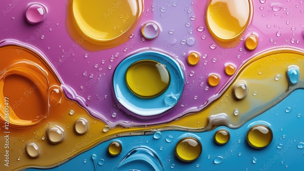 Poster macro shot of vibrant oil and water droplets creating abstract colorful patterns. perfect for backgr