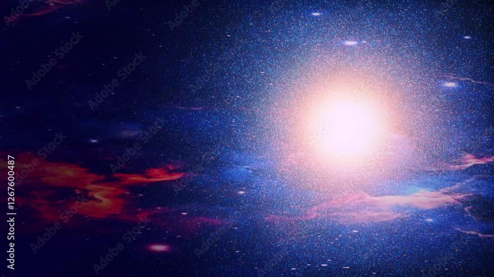 Poster galaxy rotating on the background of blue nebulae and stars in the universe. twinkling, glowing star
