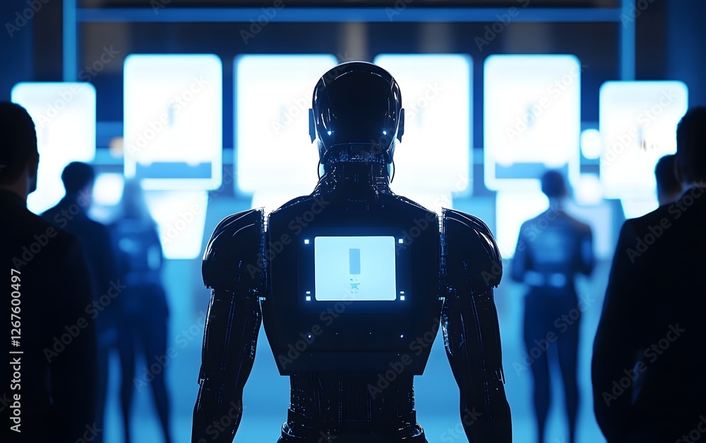 Aufkleber a futuristic scene featuring a humanoid robot standing in front of multiple screens, surrounded by s
