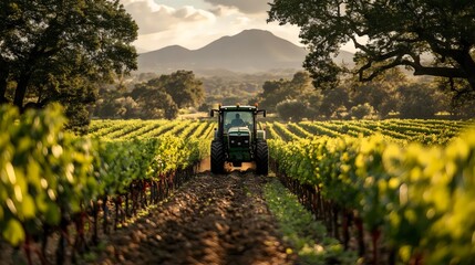 A tractor is driving through a field of green grapes