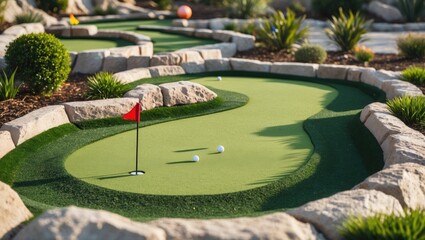 Miniature Golf Course Overview with Vibrant Artificial Turf and Well-Designed Holes Featuring Clubs and Balls for Recreational Play