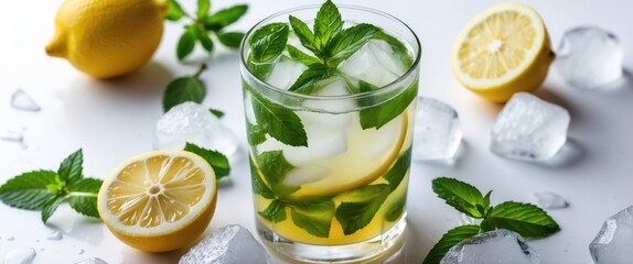 Refreshing Mojito Cocktail with Lemon, Mint Leaves and Ice on a Bright Background for Summer Drink Promotions