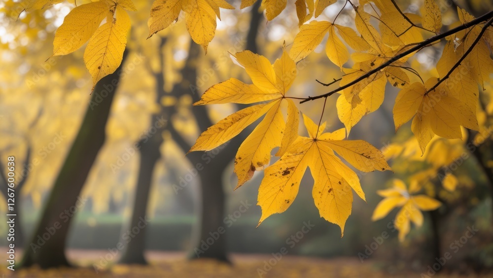 Poster autumn leaves in a park with vibrant yellow foliage and soft background focus featuring tree trunks 