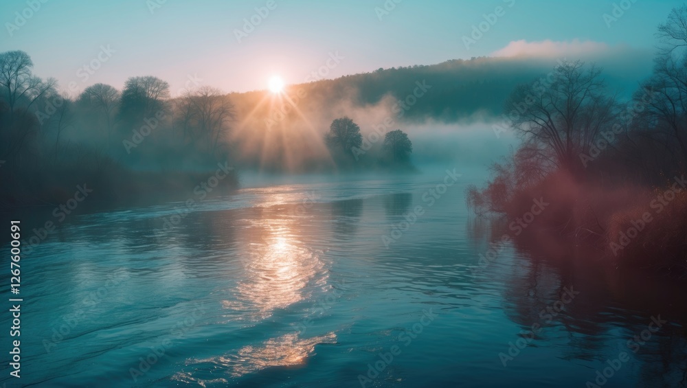 Poster misty river at sunrise with soft backlight and gentle fog creating a serene landscape reflection and
