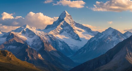 Fototapeta premium Majestic Mountain Range Under Sunset with Dramatic Clouds Perfect for Travel and Adventure Themes