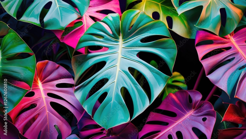 Poster colorful monstera adansonii leaves with unique holes and empty copy space for text ideal for botanic