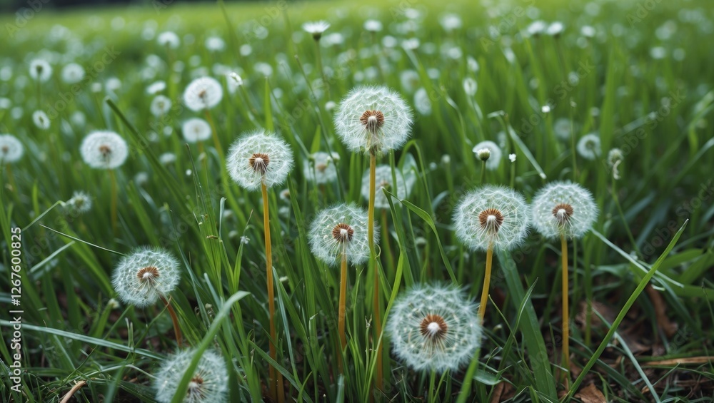 Aufkleber macro perspective of dandelions in lush green grass on a meadow with space for text overlay or brand