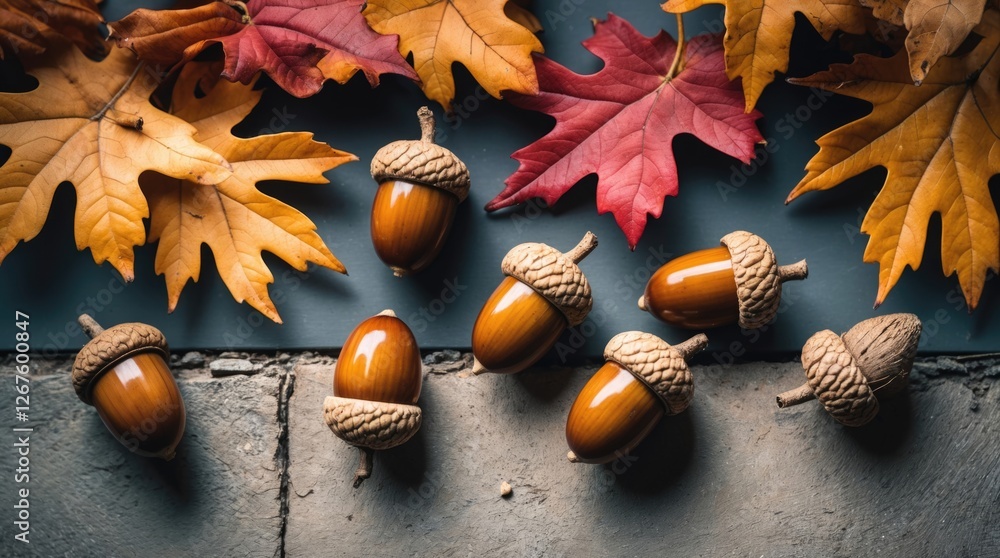 Poster autumn leaves and acorns on a textured surface showcasing a close-up macro perspective of acorns and