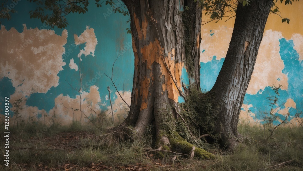 Poster old tree trunk with peeling paint wall background and moss on the ground in a natural setting with c