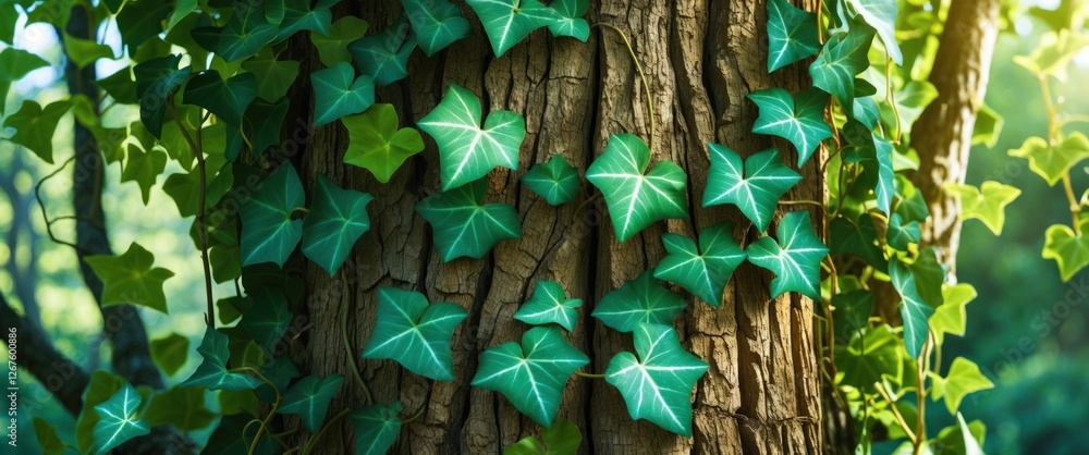 Poster green ivy leaves climbing on a textured tree trunk in a sunlit forest environment with blurred backg