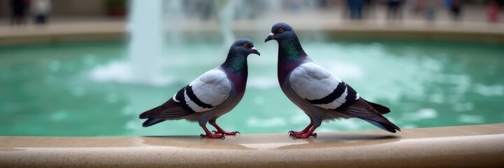 Obraz premium Two pigeons sitting on a fountain's edge with water flowing in the background, birds, nature, wildlife