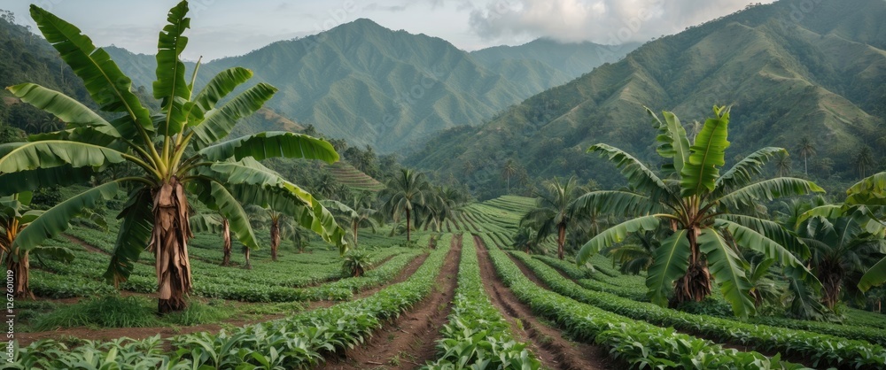 Poster banana plantation landscape surrounded by mountains under a cloudy sky with ample space for text ove