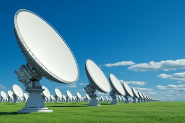 A stunning image showcasing a vast array of large radio telescopes aligned in a green field under a bright blue sky with scattered clouds.