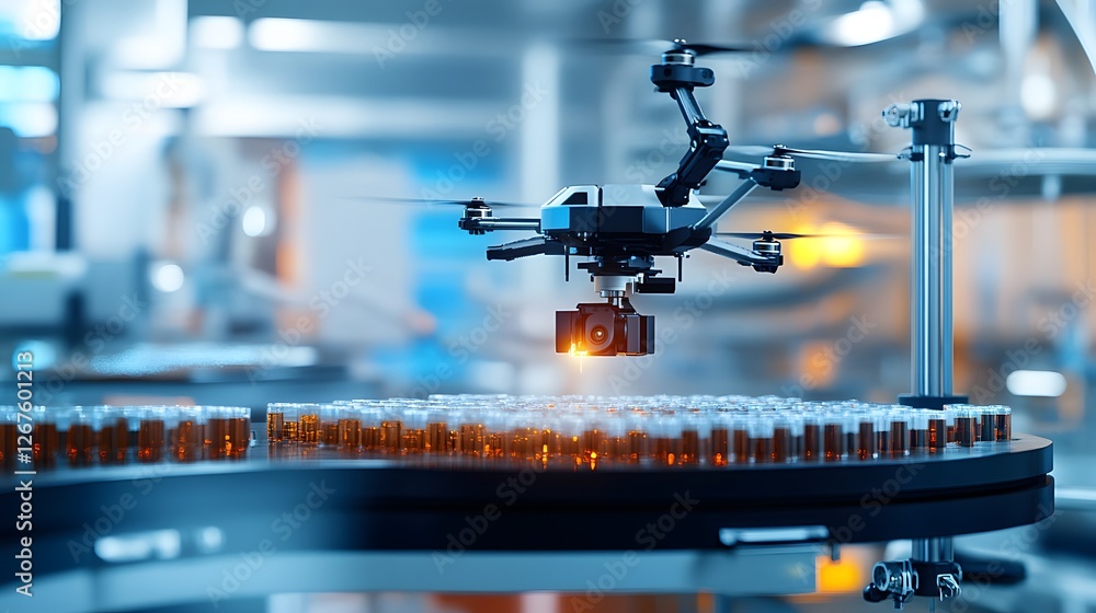 Poster a high-tech drone hovers above a modern laboratory, precisely scanning and monitoring vials on an as