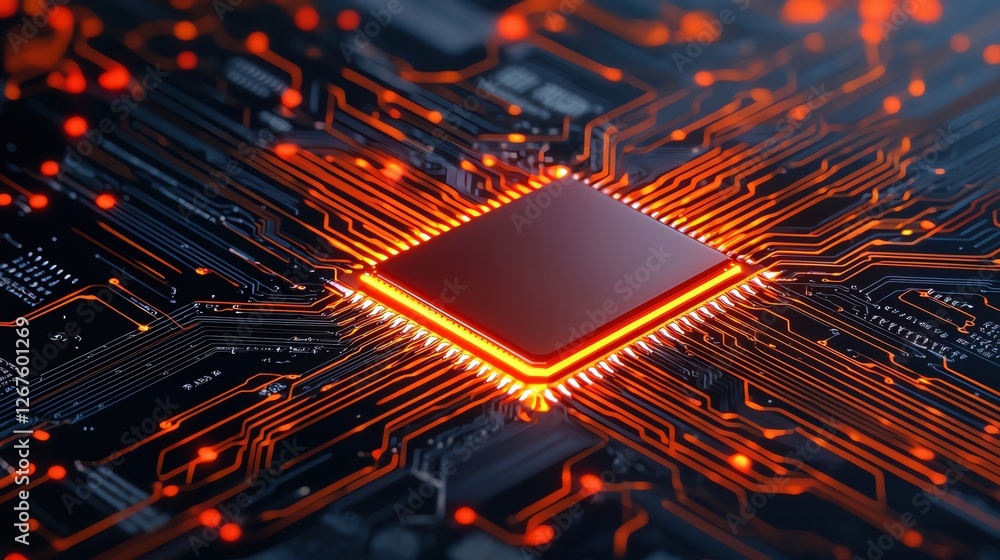 Aufkleber close-up of a vibrant microchip with glowing circuitry and intricate details.