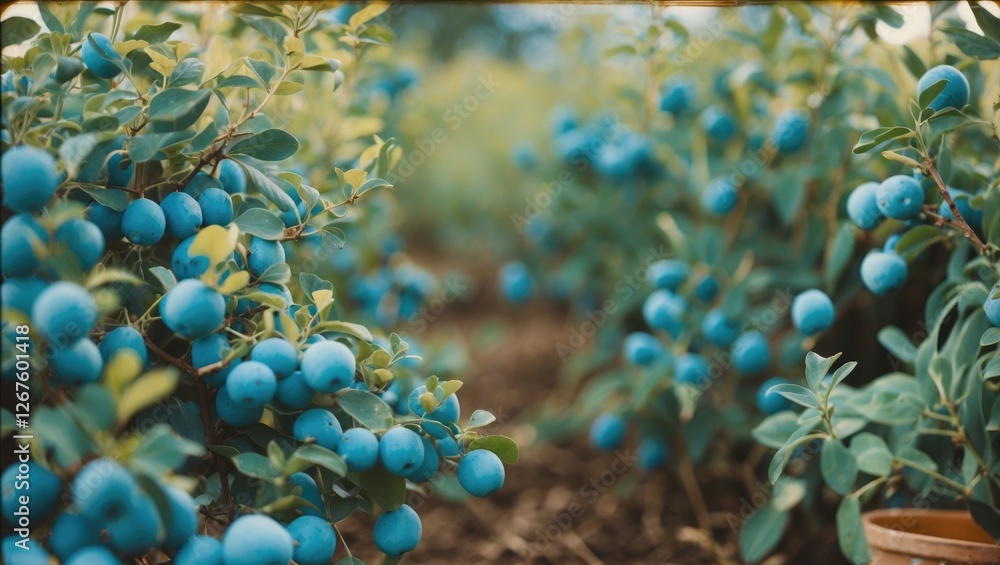 Poster lush green foliage with clusters of vibrant blue fruits creating a serene backdrop with ample space 