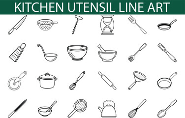 Simple Kitchen Utensil Line Art Icons and Cooking Tools