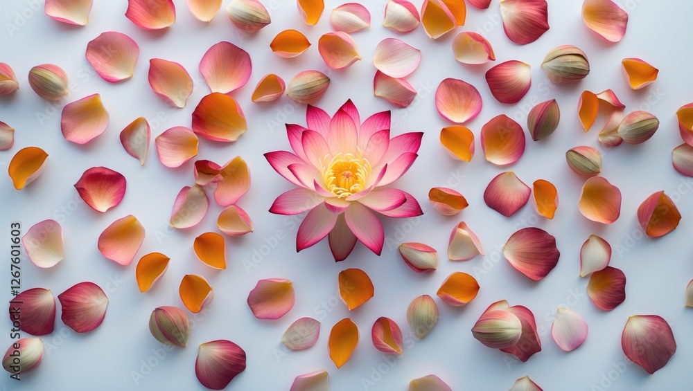 Poster lotus flower and colorful petals on white background with space for text or design elements
