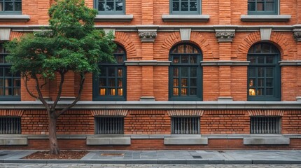 Naklejka premium Historical red brick building facade with arched windows and a tree in front providing a natural accent Copy Space