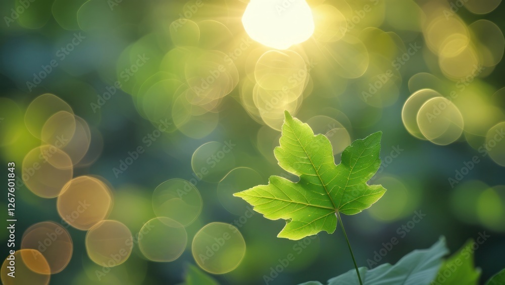Poster sunlit green leaves with bokeh effect and gentle light flare creating an abstract natural background