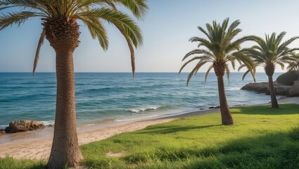 Fototapeta premium Scenic Mediterranean Beach with Lush Green Grass and Palm Trees Under Clear Sky Near Tranquil Sea Waves at Sunrise