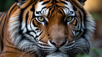 Obraz premium Close-up portrait of a Bengal tiger with striking features and intense gaze, focusing on the eyes and facial markings, Copy Space