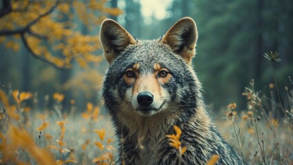 Fototapeta premium Wildlife Portrait of a Coyote in a Lush Autumn Landscape with Space for Text Overlay