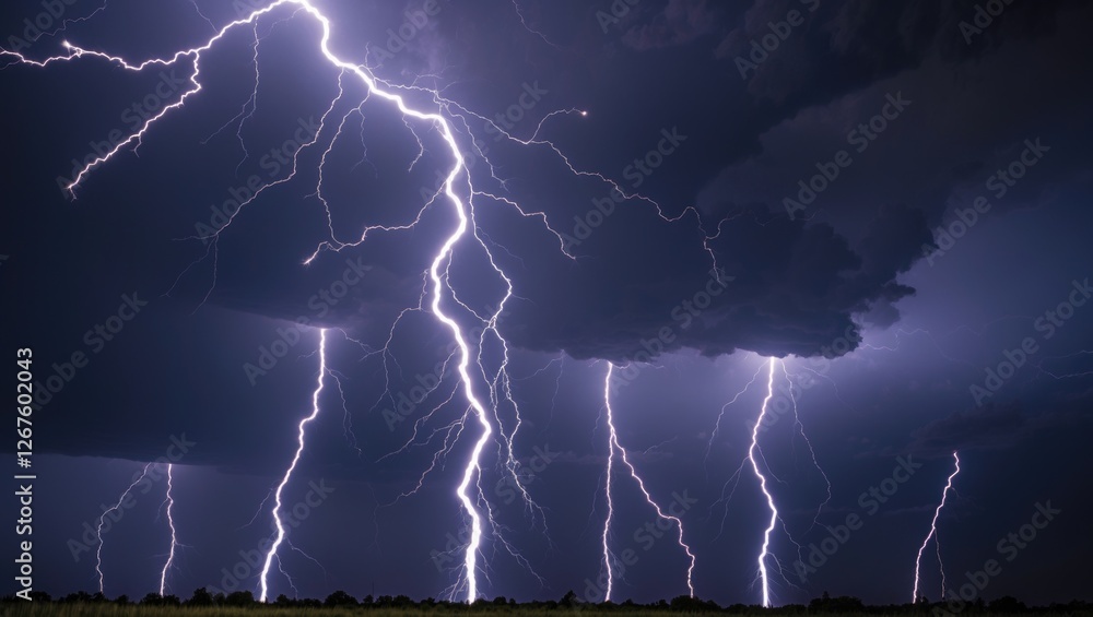 Poster lightning strikes in dark thunderstorm sky long exposure night photography with empty copy space for