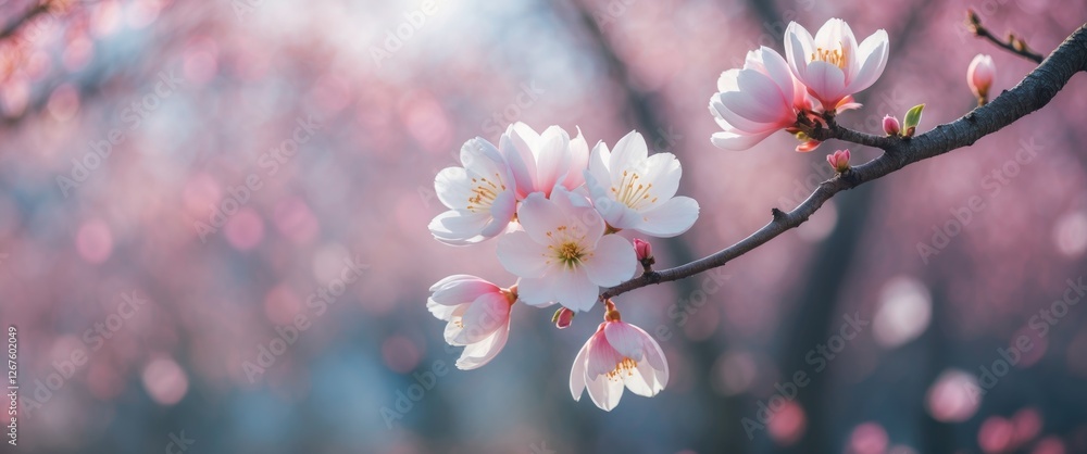 Poster delicate cherry blossoms in full bloom with soft focus against an abstract blurred background ideal 