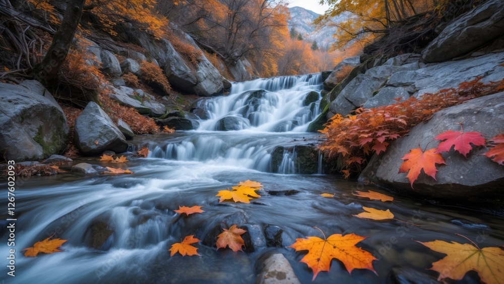 Aufkleber autumn mountain stream with cascading water and vibrant leaves in a long exposure setting creating a