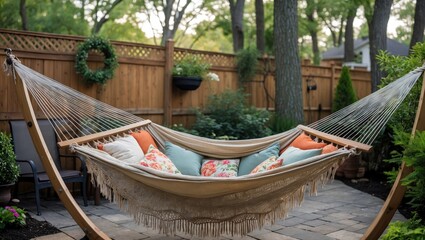 Cozy backyard hammock with colorful pillows amidst lush greenery and wooden fencing creating a tranquil outdoor relaxation space.