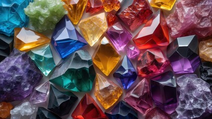 Vibrant multicolor abstract background featuring a variety of shaped and textured crystals showcasing their rich hues and reflections.
