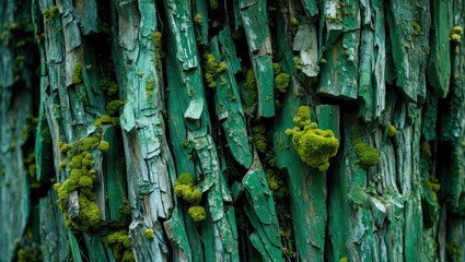 Textured tree bark with peeling green paint and moss growth for nature background, suitable for environmental themes Copy Space
