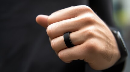Fototapeta premium Close-up of a Man's Hand Wearing a Sleek Black Silicone Ring