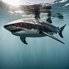 Fototapeta premium A shark with metallic armor plating and glowing red eyes, swimming in the air on a clear white background.