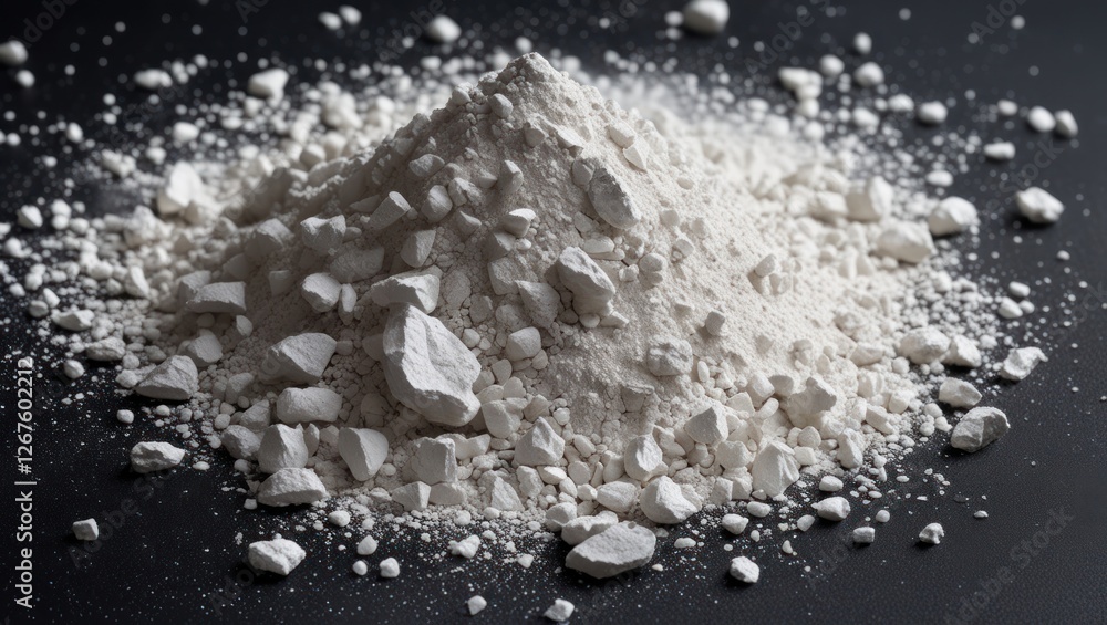 Poster white powder heap on dark surface with scattered particles and varied textures suitable for various 