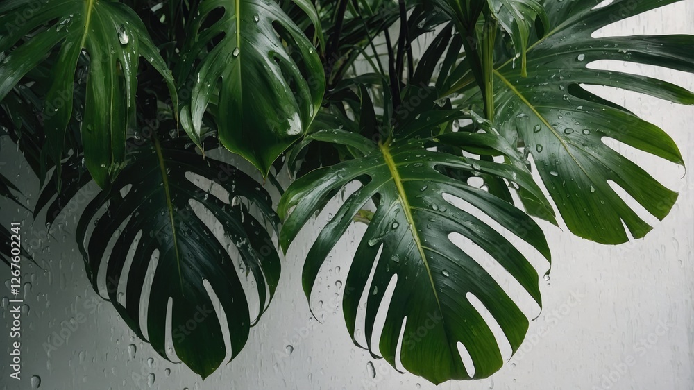 Poster tropical palm leaves with dew droplets creating a lush green texture in an intimate flat lay top vie
