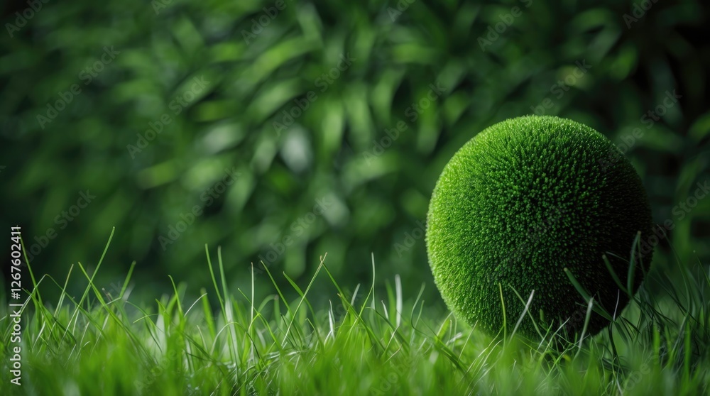 Poster lush green grass with a textured spherical object creating a vibrant and tranquil outdoor scene for 