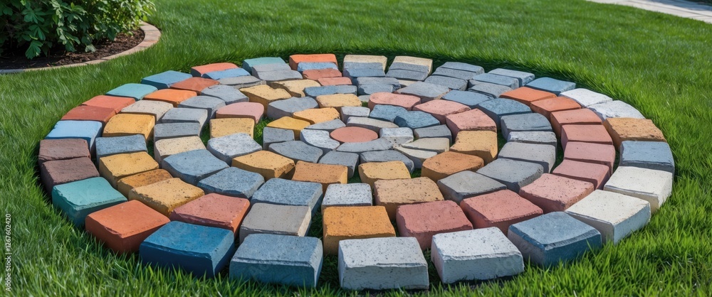 Poster colorful nested pavers in a circular pattern surrounded by lush green grass in a stylish garden sett