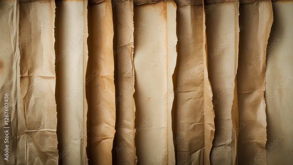 Poster old paper sheets arranged in a vertical format displaying texture and wear with warm tones and natur