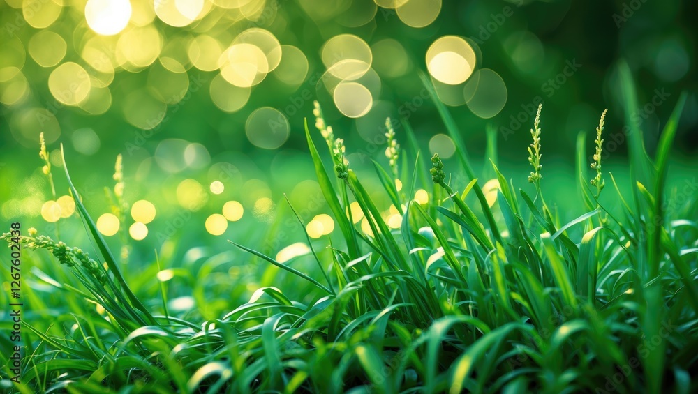 Poster lush green grass with a vibrant bokeh background creating a serene and tranquil nature scene ideal f